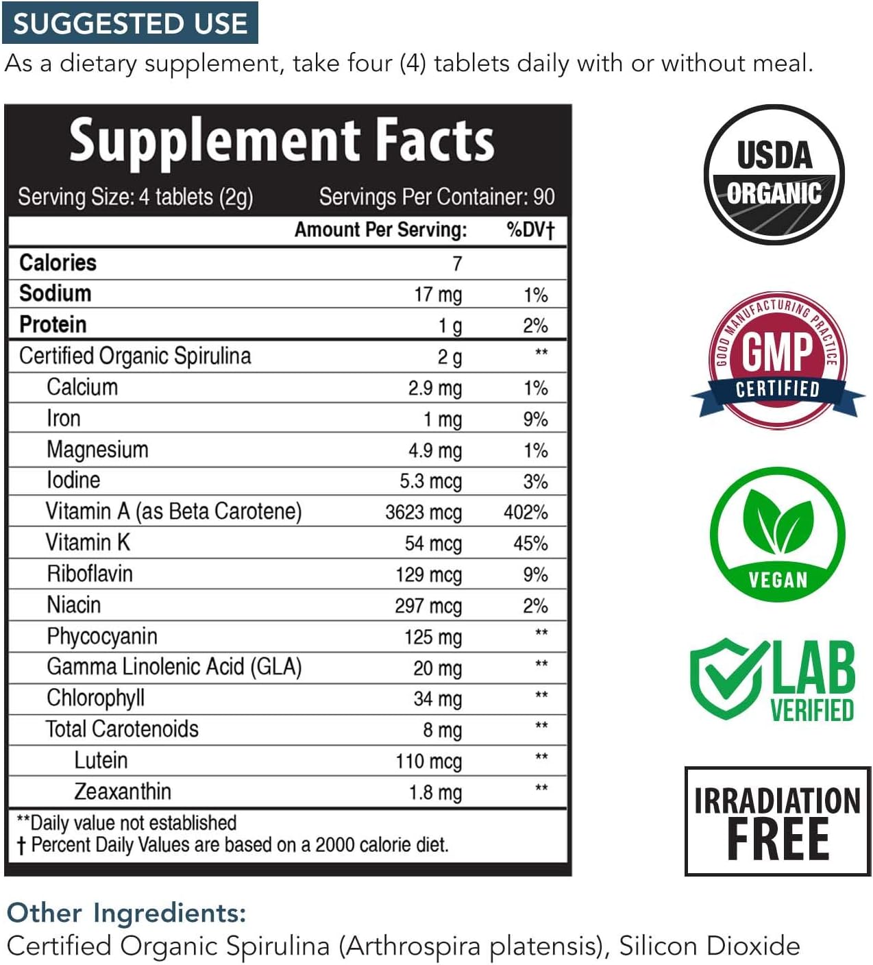 Organic Spirulina Tablets (360 Tablets) - Made with Parry® Spirulina, The Best Spirulina in The World, Highest Nutrient Density - Non-Irradiated, 4 Organic Certifications (90 Servings): Health & Personal Care