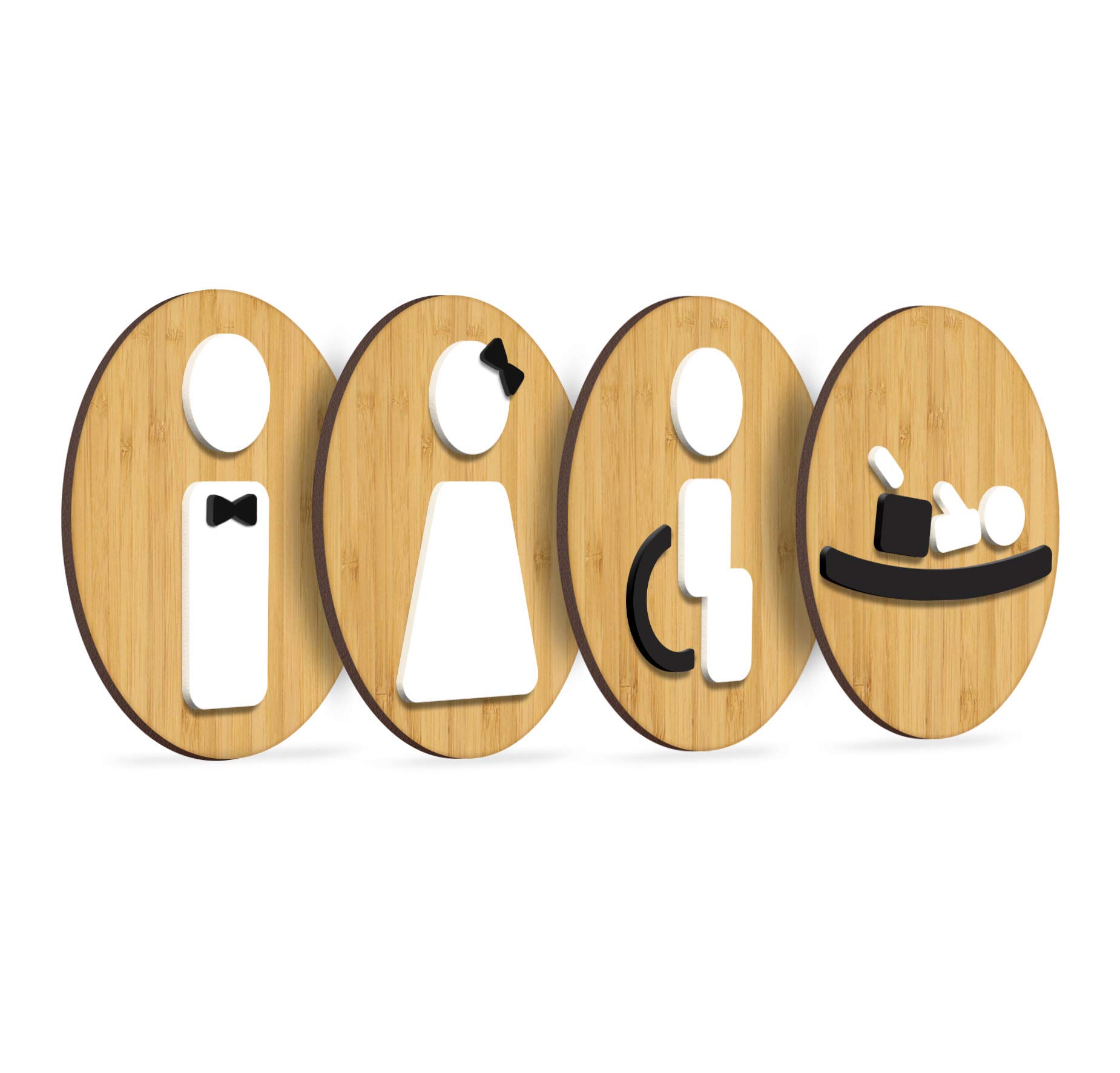 3DP SIGNS | 4x Round Bamboo - Man, Woman, Disabled, Nursery - Restroom Toilette WC - Signs for doors, rooms, restaurant, shops and offices. Wooden plaque in relief