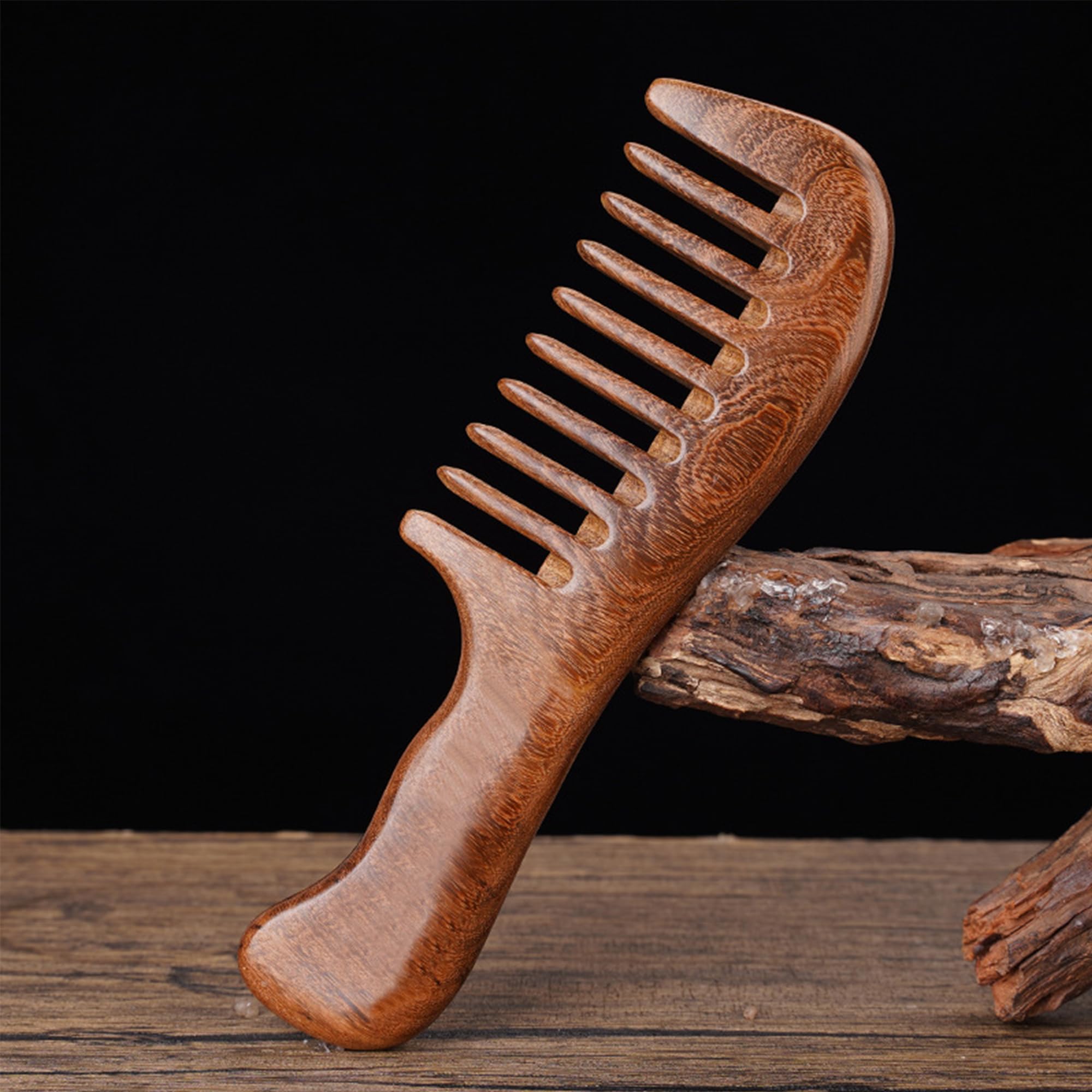 MINGZE Wood comb, Natural Anti-static Sandalwood Wooden Hair Comb, Double-sided carved sandalwood comb (Handle Wide Toothed Comb)