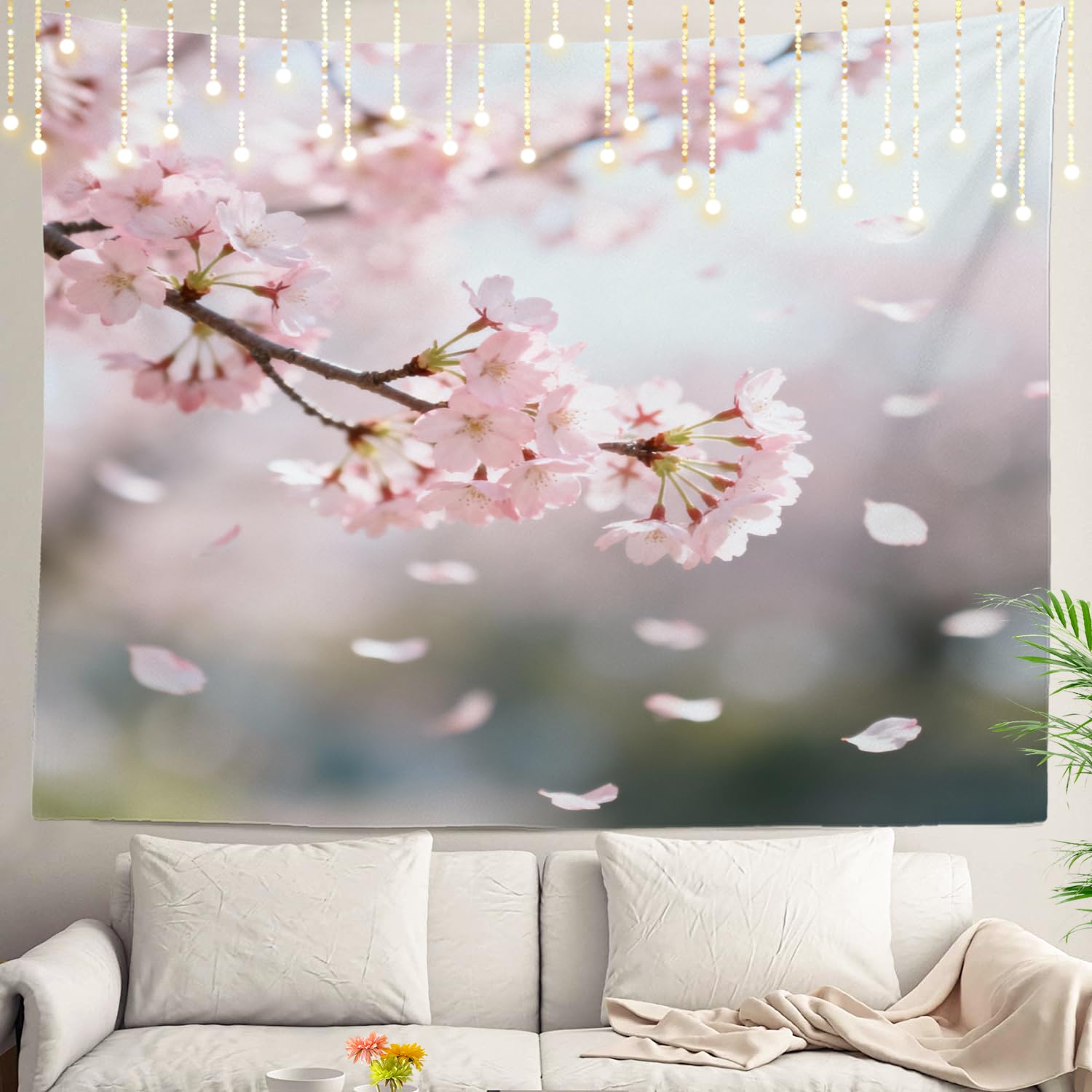 Shrahala Cherry Blossom Flowers Wall Tapestry, Pink and White Cherry Blossom Sakura Flowers Wall Hanging Large Tapestry Decorations Tablecloth Bedroom Living Room Dorm(51.2 x 59.1 Inches)
