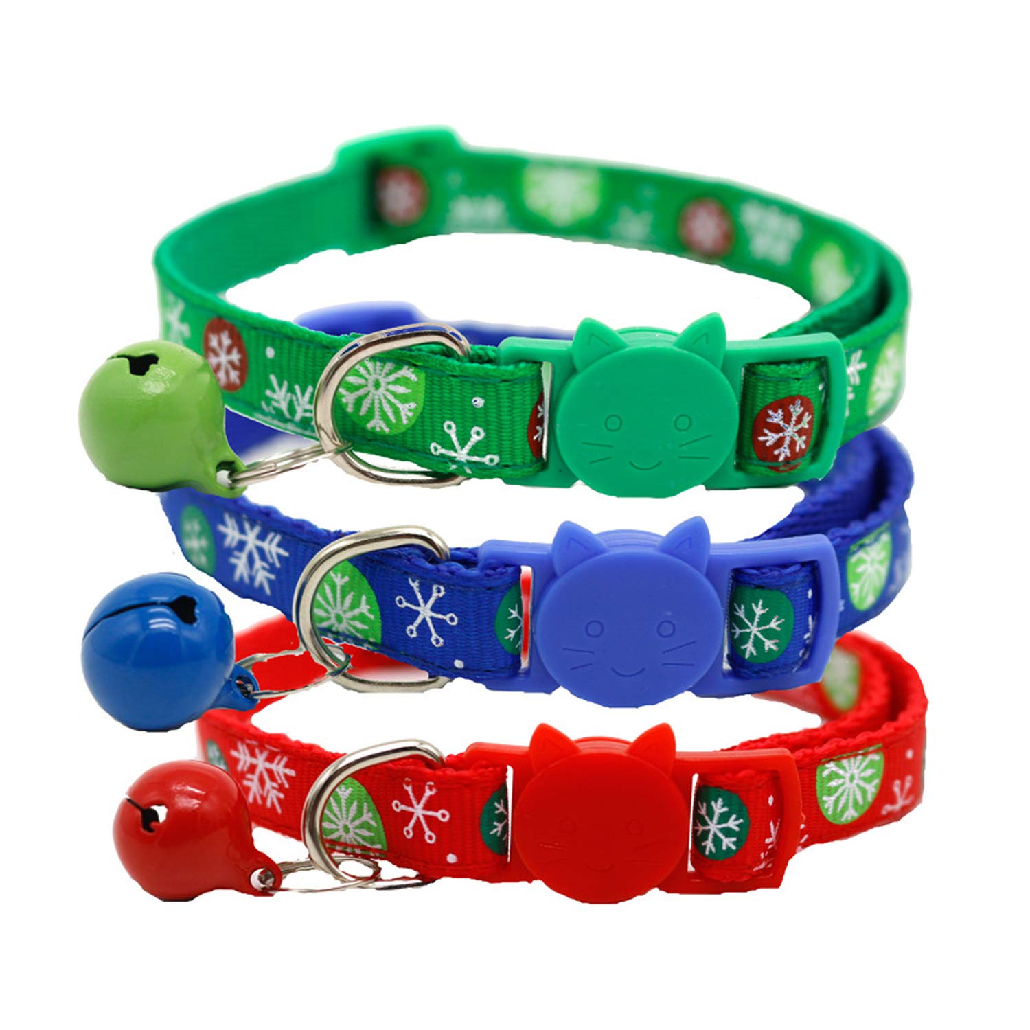 QKURT 3 Pack Xmas Pet Collar, Adjustable Christmas Cat Collar with Jingle Bell, Snowflake Pattern Neck Ring | Cute Fashion Nylon Bow Tie for Small Pet Cat Puppy