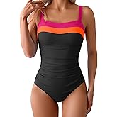 Aidonger Women's Ribbed One Piece Swimsuits Color Block Tummy Control Bathing Suit Slimming 1 Piece Swimwear