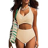 Herseas Women's High Waisted 2 Piece Bikini Sets Halter Patch Pocket Swimsuits Striped Bathing Suit Beach Swimwear 2026