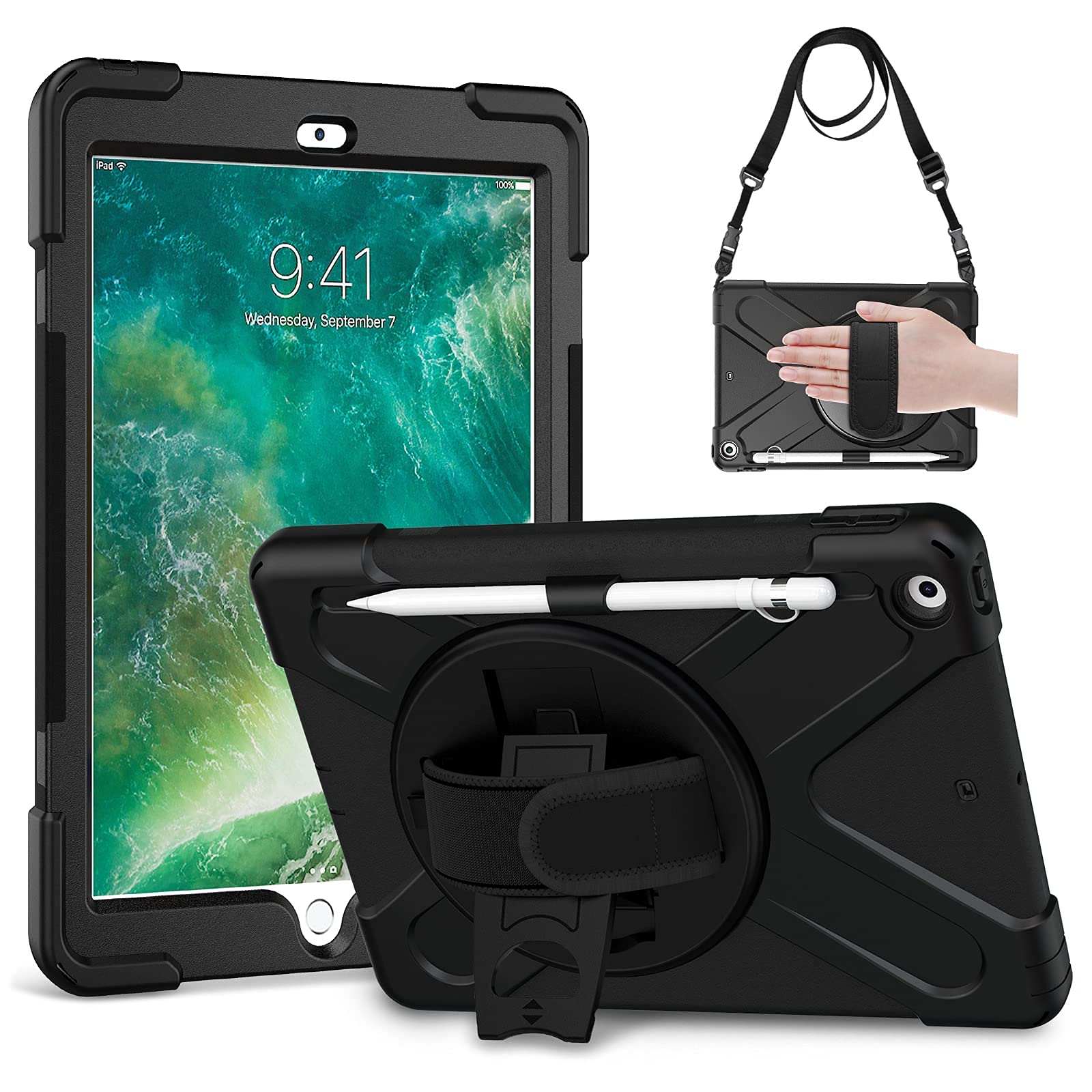 Gerutek for iPad 6th/5th Generation Case 9.7 inch 2018/2017, Shockproof Heavy Duty Rugged iPad Case with [360 Rotating Hand Strap & Stand][Pencil Holder] Protective Case for iPad 6th/5th Gen, Black — image 1