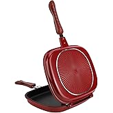 Pyhodi Double Sided Pan, 28cm Red Square Pancake Maker Nonstick Copper Easy to Flip Pan Frying Pan for Fluffy Pancakes Omelets Frittatas, Pancake Pan for Barbecue Grill Kitchen Supplies