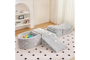 Tiita Baby Climb and Crawl Playset 5-Piece, Kids Foam Climbing Block with Small Ball Pit - Indoor Soft Play Climber for Playtime Fun, Grey Star