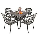 VINGLI 5 Pieces Outdoor Patio Dining Set, Cast Aluminium Patio Furniture Set with 4 Chairs and 1 Umbrella Table for Yard, Garden, Porch and Poolside, Bronze