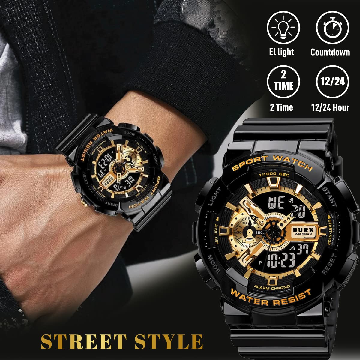 BURK 1688BKGD Military Wristwatch Men Water Shock Resistant Dual Time Sports Digital LED Display