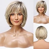 HAIRCUBE Short Ombre Blonde Wig for Women Hand-Tied Lace Front Human Hair Wig Layered Bob Wig with Bangs Blonde Mixed Brown Natural Wig for Daily Use