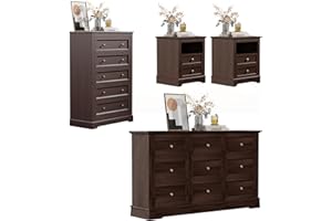 KIGOTY Dresser Bedroom Set of 4, 4 PCS Farmhouse Dressers Set, Included 53 Inch 9 Drawer Dresser, 5 Drawer Dresser and Nightstand Set of 2 with Charging Station,Bedroom Furniture Set ((Brown)