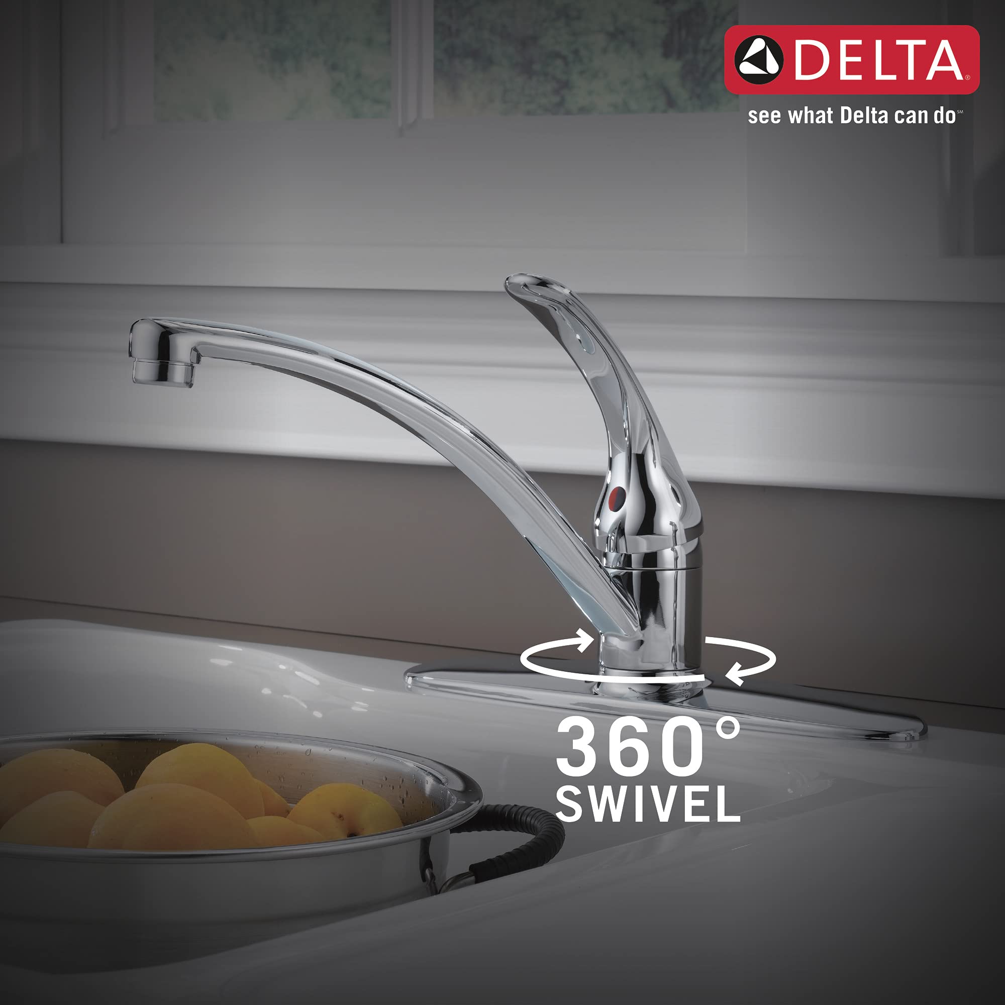 Delta Foundations Chrome Kitchen Faucet with Side Sprayer, Contemporary 4 Hole Kitchen Sink Faucet, Single Handle, Chrome B4410LF