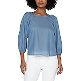 Liverpool 3/4 Pull Sleeve Square Neck Woven Top with Trim