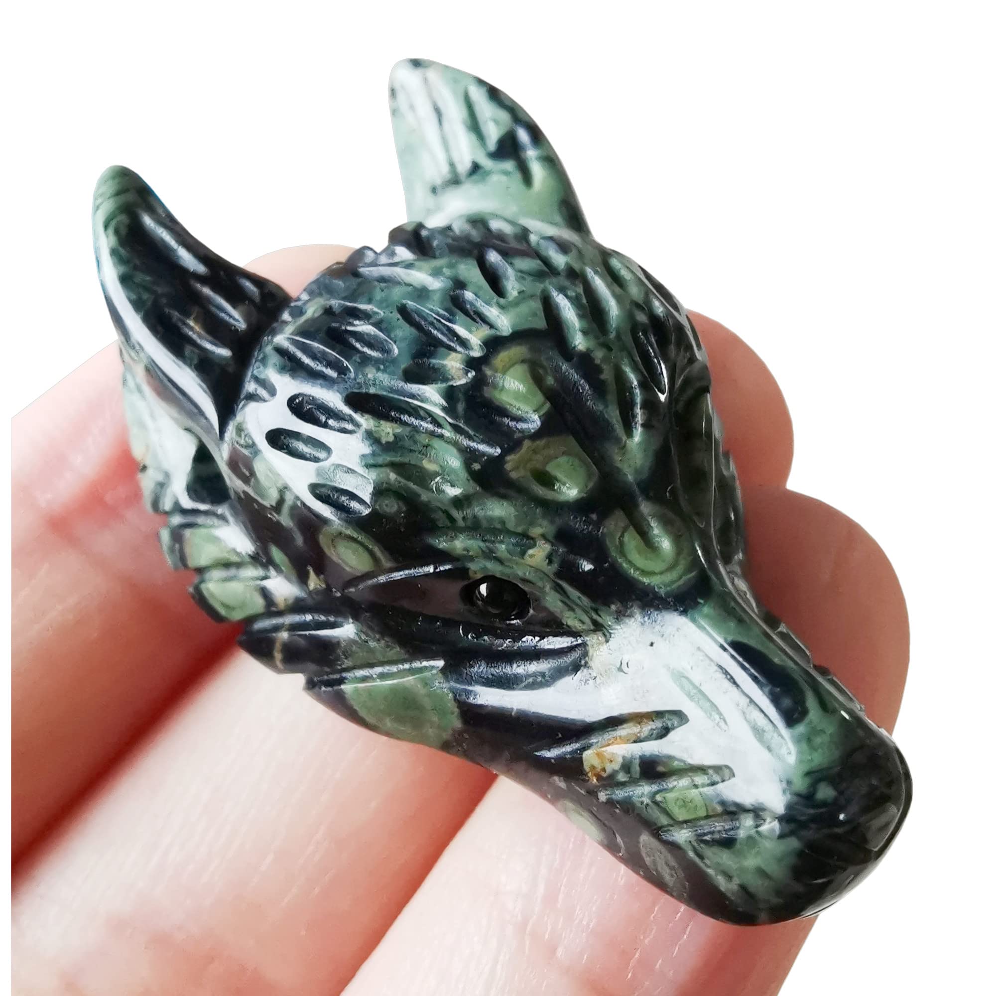 Manekieko Natural Kambaba Jasper 40mm Wolf Head Pocket Crystals and Healing Stone Figurine,Haped DIY-Jewelry Pendant