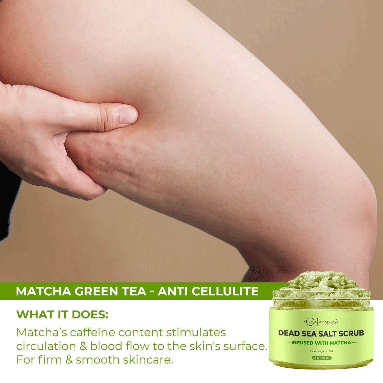 O Naturals Anti-Cellulite Exfoliating Organic Caffeine Matcha Dead Sea Salt Scrub For Face Body & Foot Best Acne Eczema Stretch Marks Wrinkles Varicose Veins Boosts Circulation For Women & Men 8.45oz : Beauty