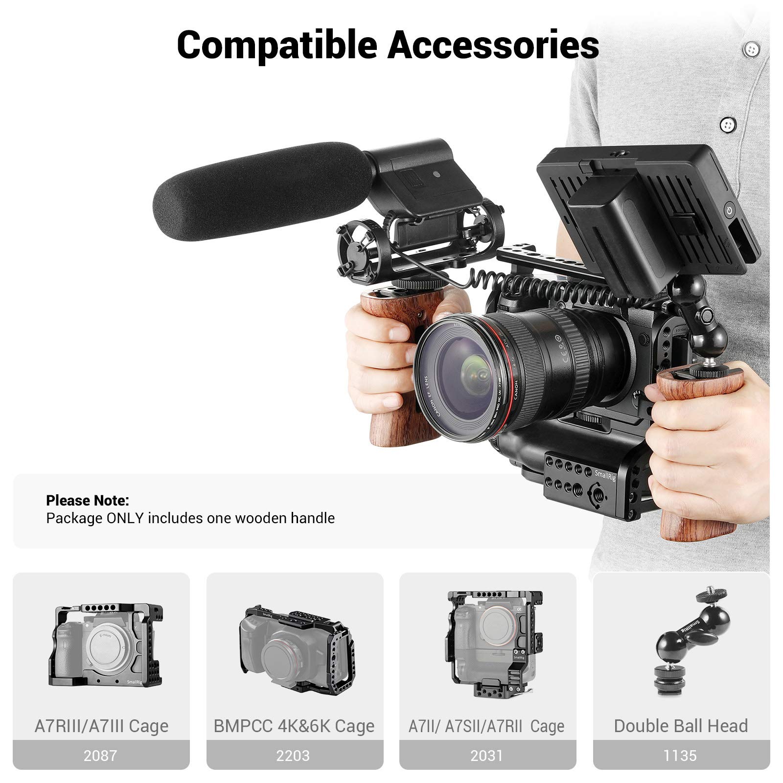 SMALLRIG Side Wooden Handle Grip for DSLR Camera Cage w/Cold Shoe Mount, Threaded Holes, Direction Changeable - 2093
