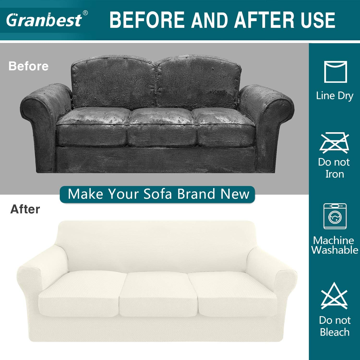 Granbest 4 Piece High Stretch Couch Covers for 3 Cushion Couch Thick Premium Sofa Slipcover Fitted Sofa Cover Furniture Protector for 3 Seat Sofas Dog Pet Proof Machine Washable (Large, Creamy White): Kitchen & Dining