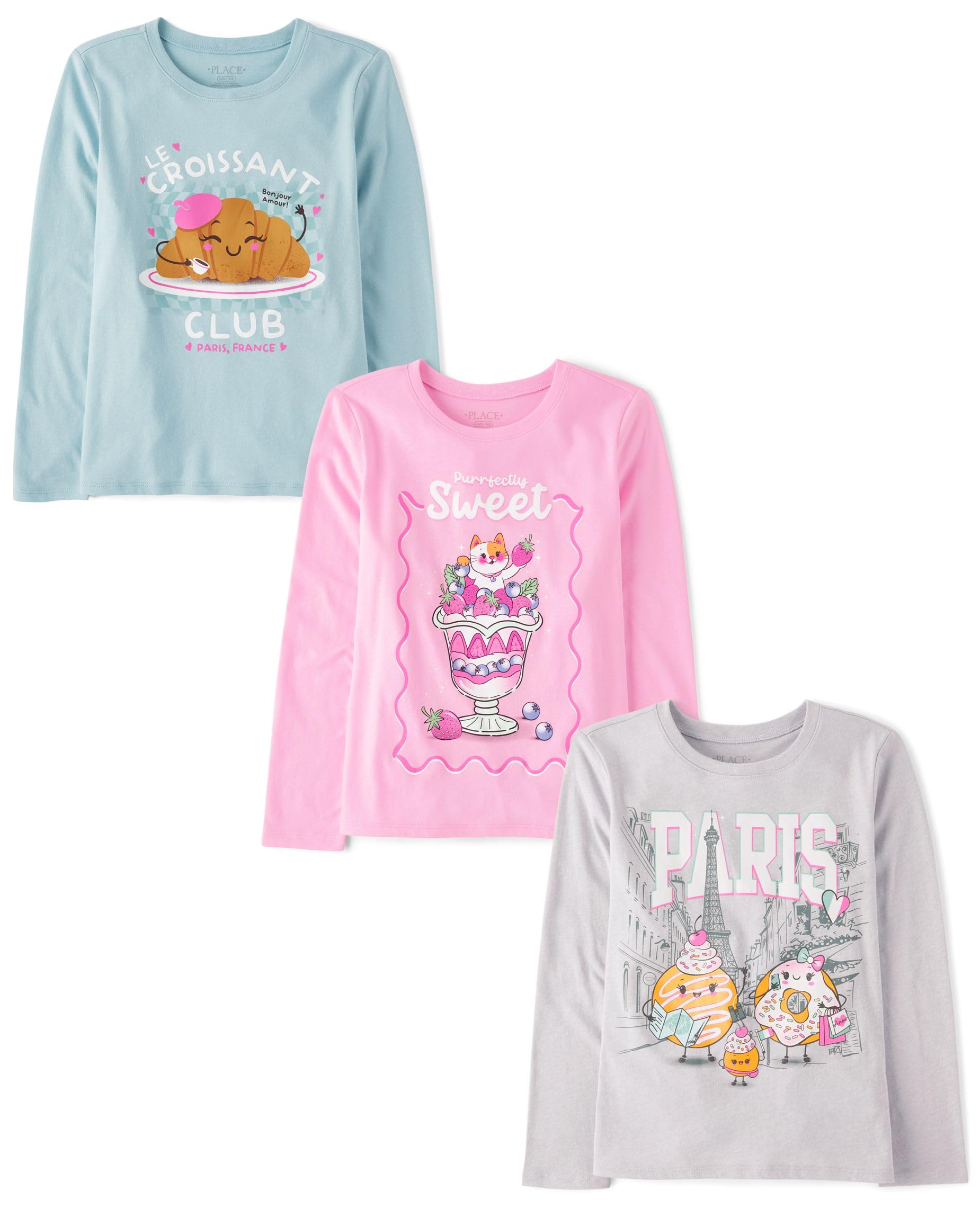 The Children's Place,Girls,Assorted Everyday Long Sleeve Graphic T-Shirts,multipacks,Sweet/Le Croissant/Paris 3-Pack,Large Image The Children's Place,Girls,Assorted Everyday Long Sleeve Graphic T-Shirts,multipacks,Sweet/Le Croissant/Paris 3-Pack,Large Image