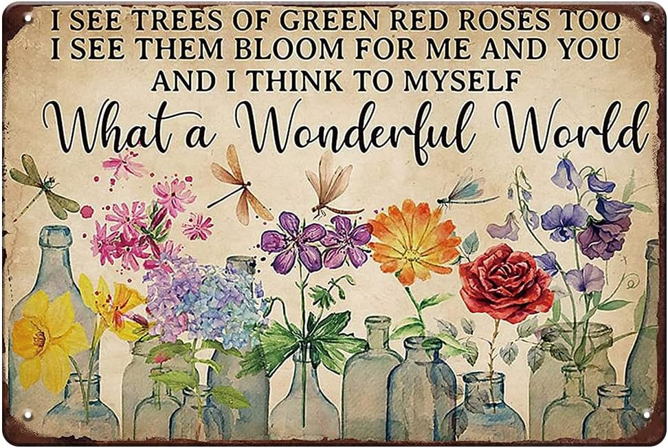 Yard Signs - Dragonfly and Flowers Metal Tin Sign, What a Wonderful World I See Trees of Green Red Roses Too Funny Garden Signs Wall Decor, 12 X 8 Inches Retro Tin Sign Flowers Poster Metal Garden Signs