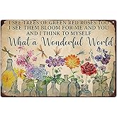 YOYI ART Dragonfly and Flowers Metal Tin Sign, What a Wonderful World I See Trees of Green Red Roses Too, Funny Garden Signs Wall Decor, Retro Tin Sign Flowers Poster Metal Garden Signs, 12 x 8 inch
