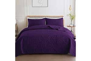 Whale Flotilla Soft California King Quilt Bedding Set for All Seasons, Vintage Damask Ultrasonic Quilts Set, Lightweight Reversible Bedspread, Coverlet, Bed Cover with 2 Pillow Shams, Purple