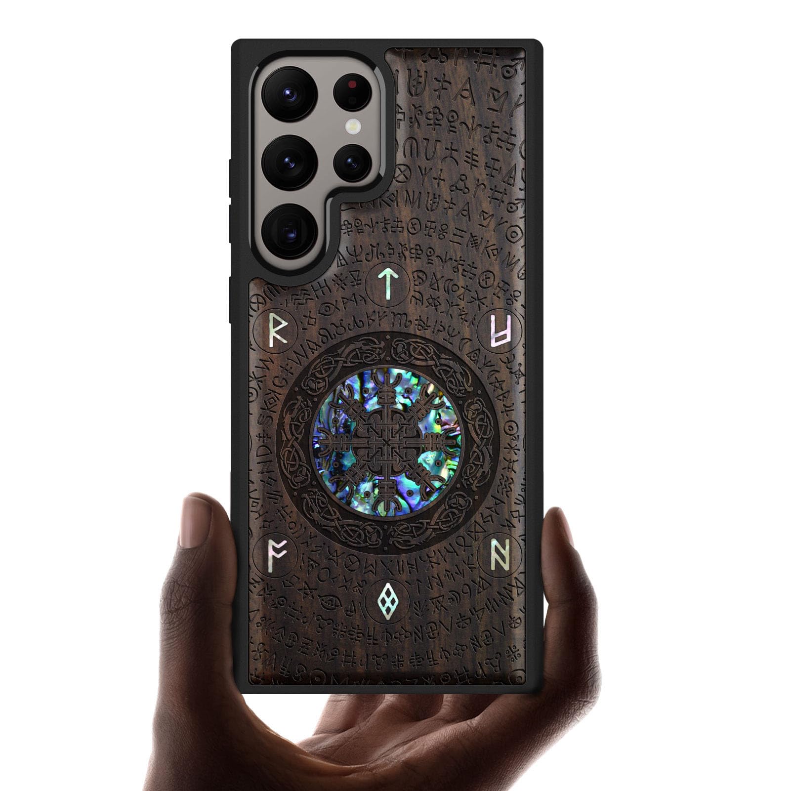 Photo 1 of Carveit Designer Wooden Case for Samsung Galaxy S24 Ultra Case [Wood Engraving & Shell Inlay] Compatible with Wireless Chargers S24 Ultra Cover (Viking-Blackwood)