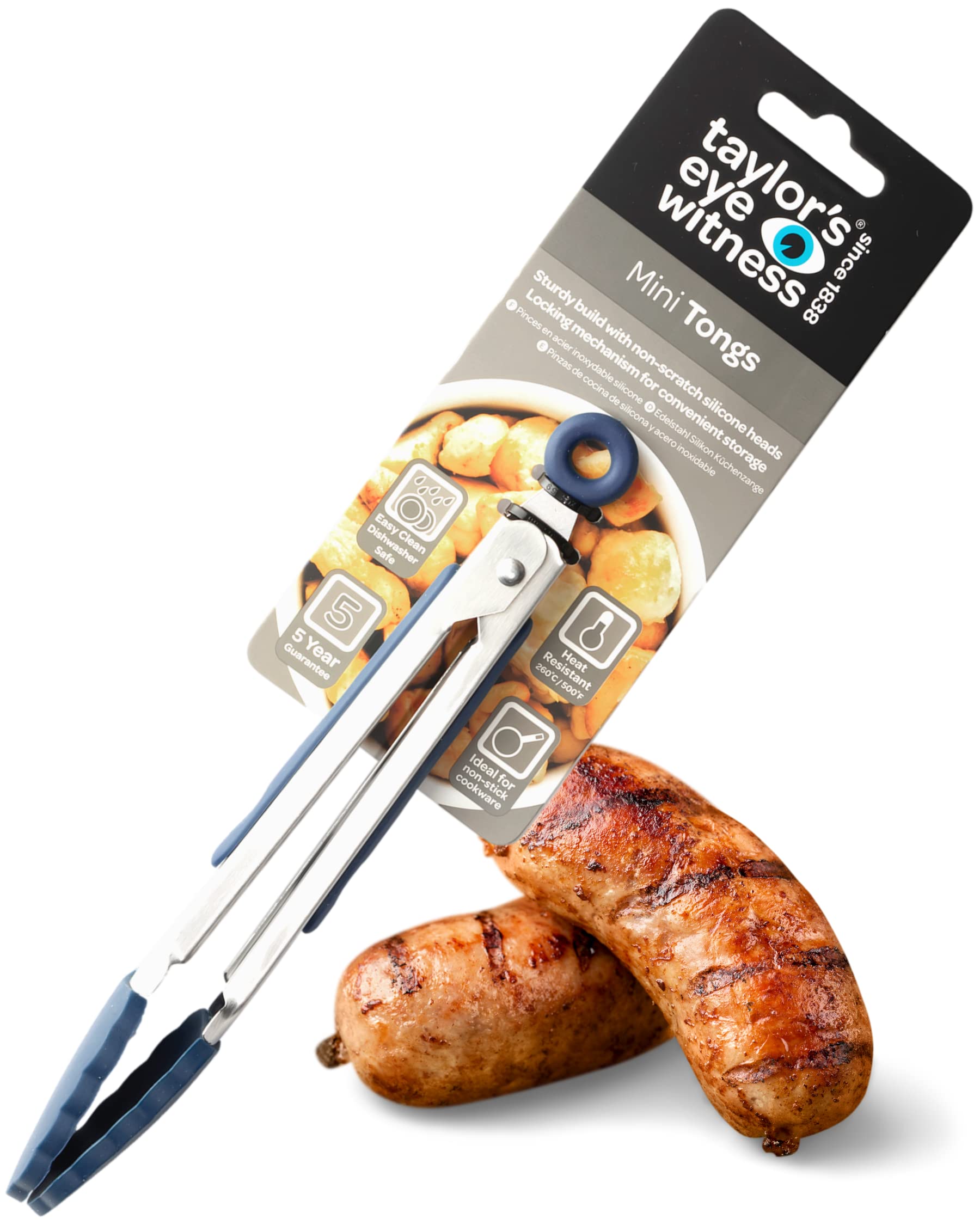 Taylors Eye Witness Small Steel Blue Silicone Tongs - Dishwasher Safe. Sturdy Build, Non-Scratch Heads and Convenient Locking Mechanism. Odour, Stain & Heat Resistant (260°C/500°F). 5 Year Guarantee