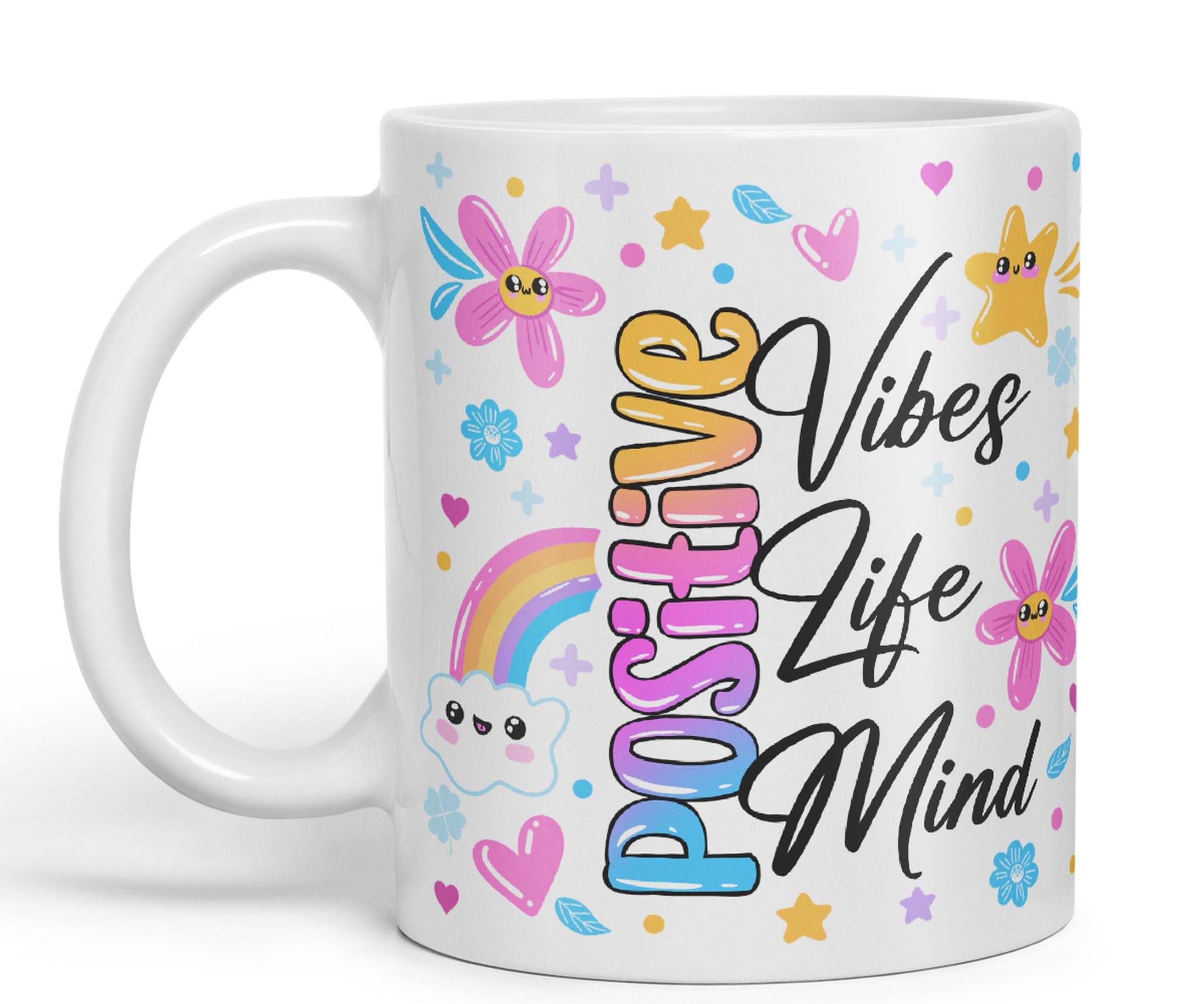 Positive Vibes Life Mind Presents Coloured Ceramic Mug Cup Gift 330ml 11oz Work Office Tea Coffee Gift (White)
