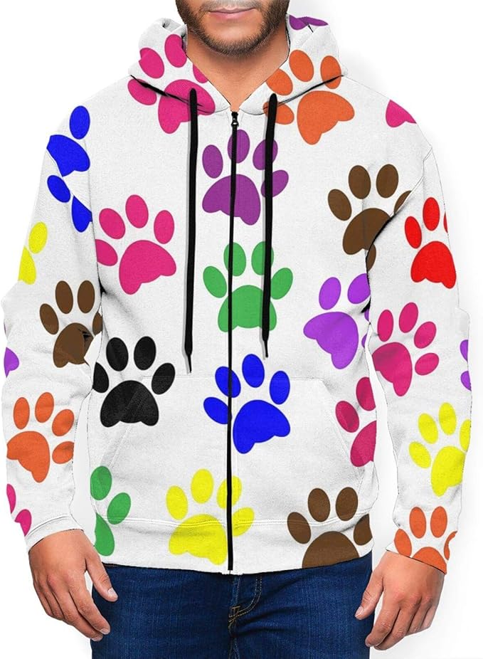 Colorful Dog Paw Mens FullZip Jacket Hooded Sweatshirt with Pockets