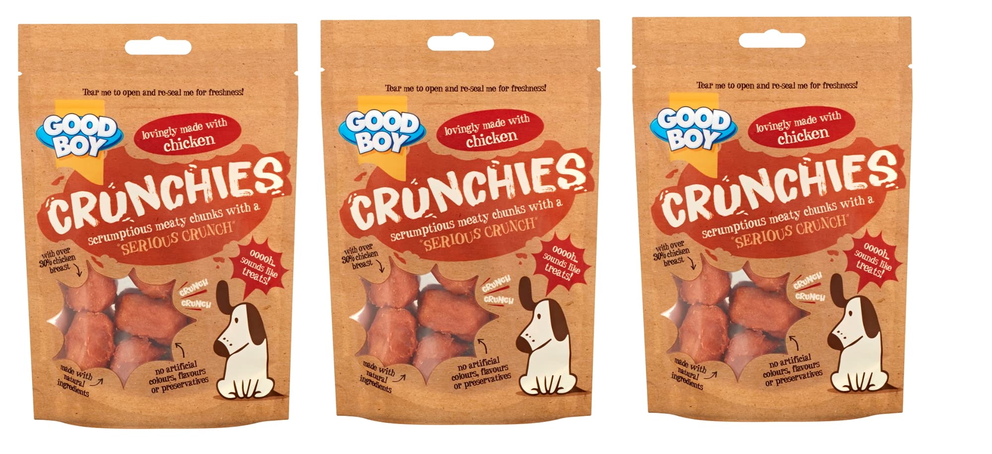 GOODBOY CRUNCHIES 'SERIOUS CRUNCH' NATURAL MEATY CHUNKS DOG CHEW TREATS 60G, CHICKEN, DUCK (Chicken, PACK OF 3)