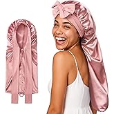 Umisleep Silk Bonnet for Sleeping Women, 22 Momme Mulberry Real Silk, Long Hair Bonnet for Braids & Curls to Reduce Frizz, Double Layer Hair Wrap with Soft Adjustable Tie Band, Pink