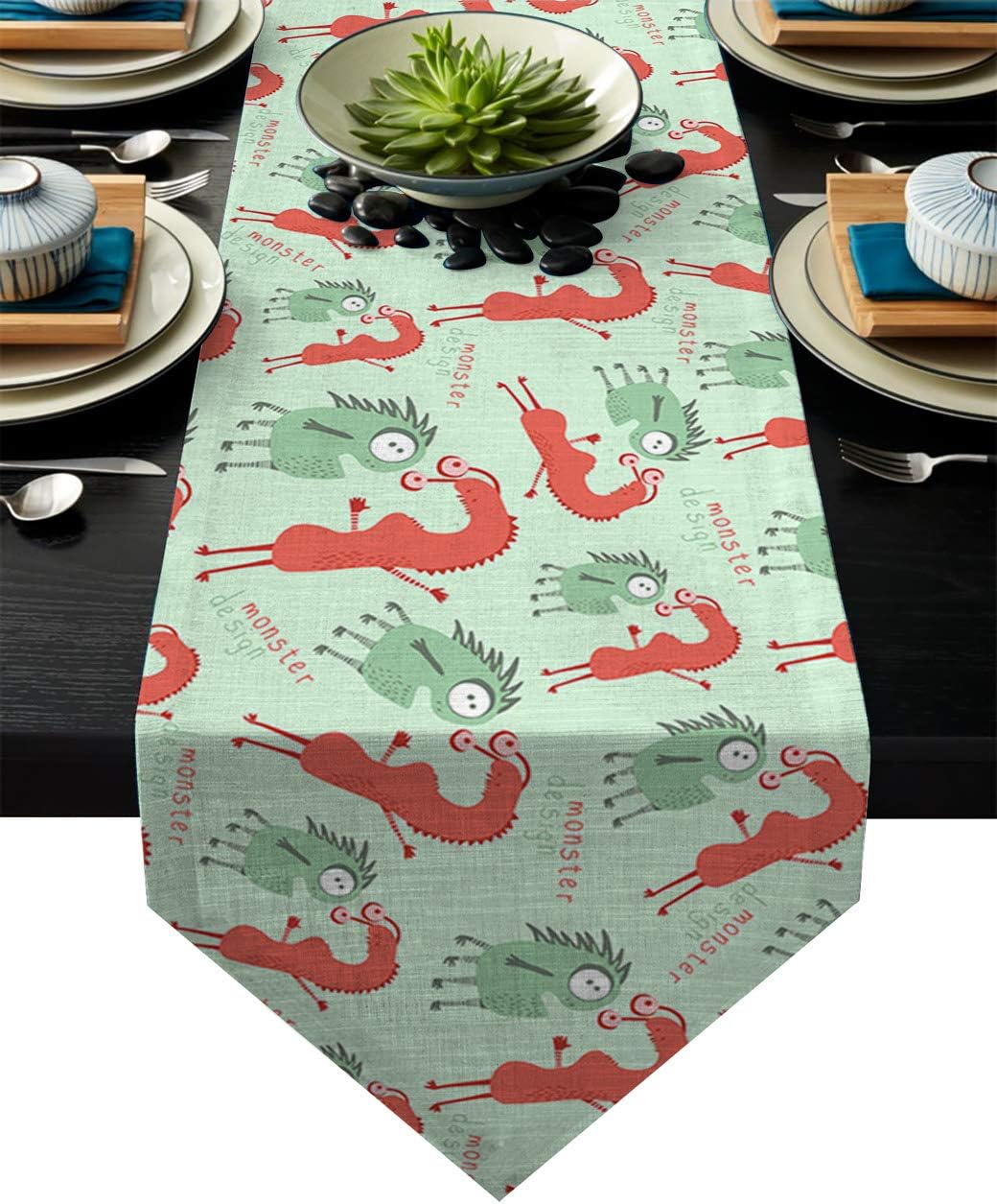 Table Runner Funny Cute Cartoon Monsters Kids Design Table Runners for Catering Events, Dinner Parties, Wedding, Indoor and Outdoor Parties, 16 x 72 Inch