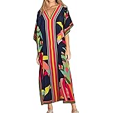 Eddoyee Women Long Print Swimwear Cover Up Sexy V Neck Side Split Beach Caftans Lounge Dresses