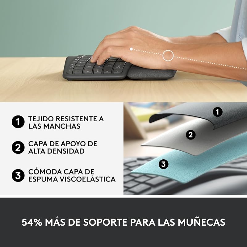 Teclado ergonômico e sem fio logitech ergo k860 - teclado dividido, apoio para as mãos, digitação natural, conectividade bluetooth e usb, compatível com windows/mac, layout qwerty espanhol - grafite