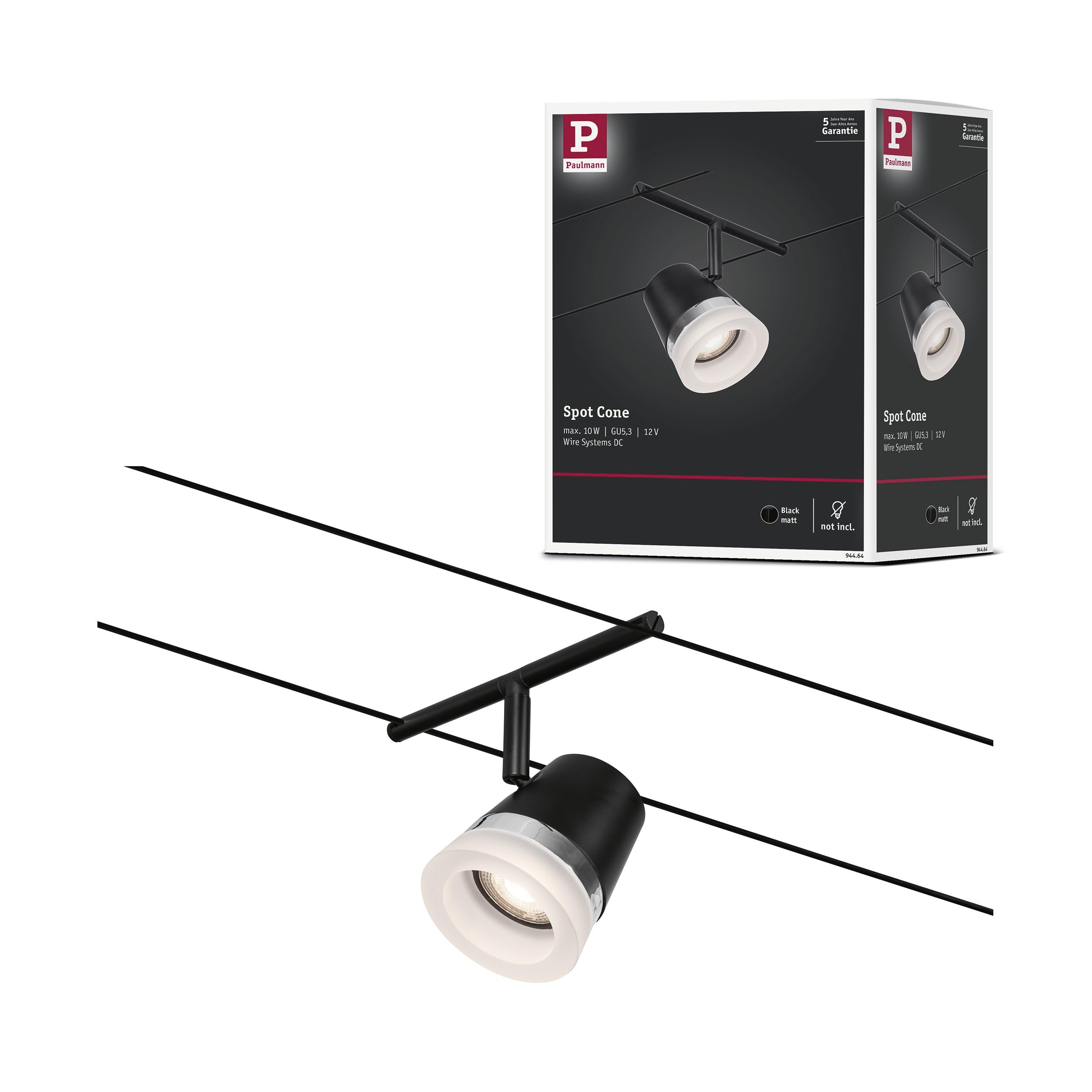 Paulmann 94464 CorDuo Cable System Spot Cone DC Max. 1 x 10 Watt Expandable Black Matt Wire Rope Plastic GU5.3 Wire Cable System Without Bulb