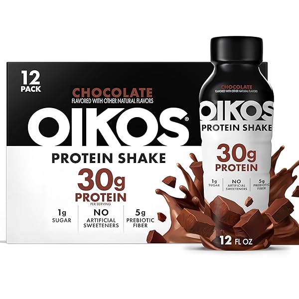 OIKOS PROTEIN SHAKE, CHOCOLATE, 30G HIGH PROTEIN DRINKS, SHELF STABLE, READY TO DRINK, 5G PREBIOTIC FIBER, 12 FL OZ BOTTLE, 12 COUNT​