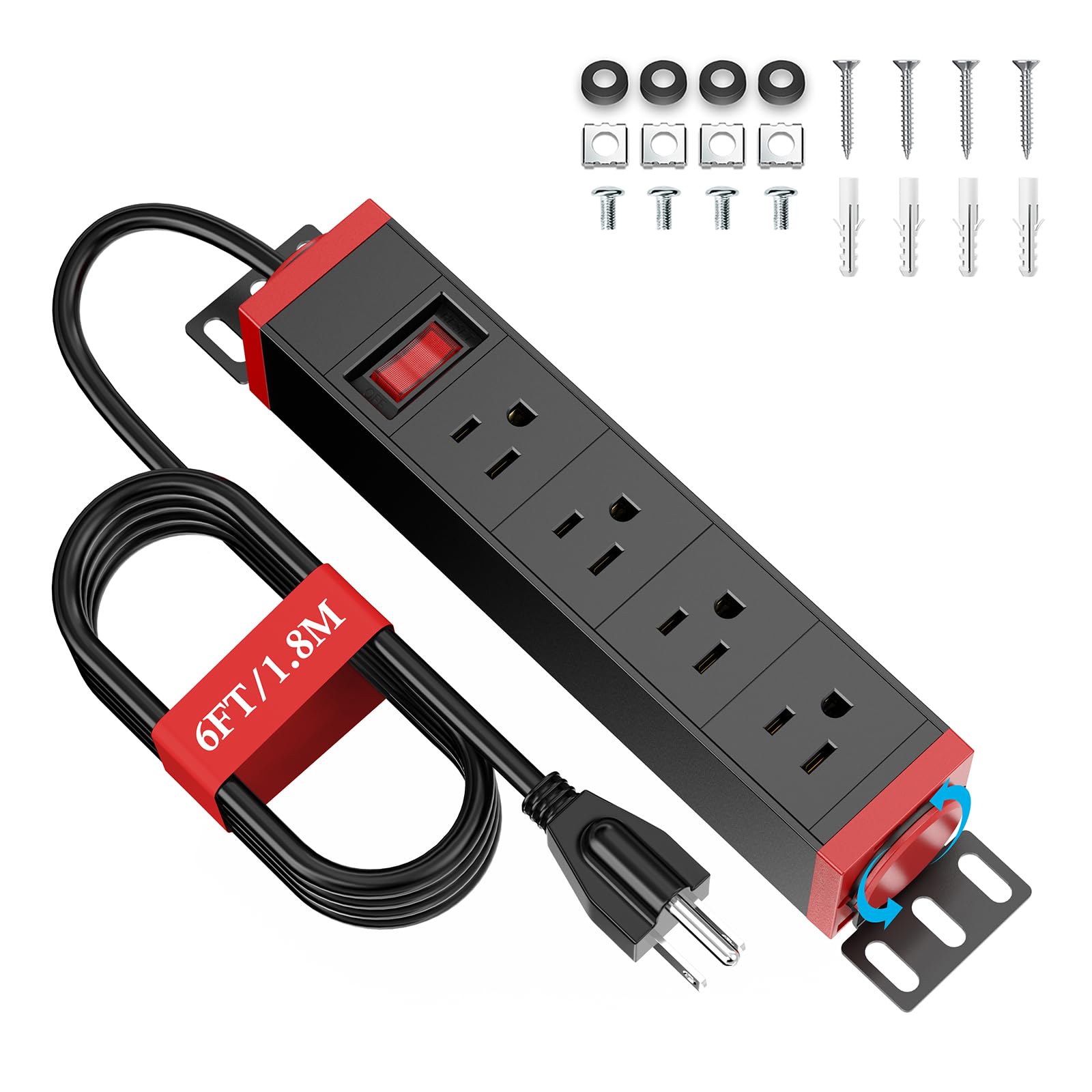 Photo 1 of 10 inch Rack Mount Power Strips PDU 4 Outlets with Surge Protection & Overload On Off Switch, 1U RackMount Power Strip with 6ft Cord for 10'' Mini Server Network Cabinets/Rack/Self, Black Red