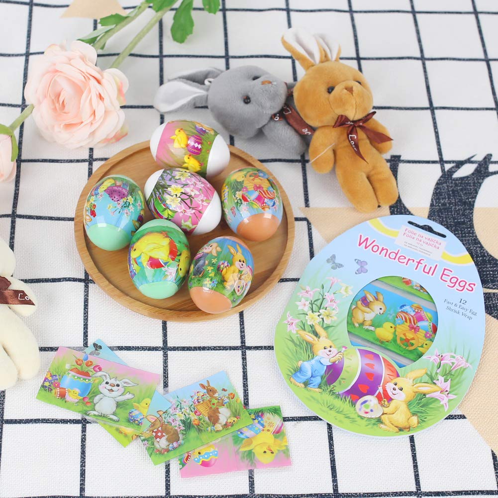 BigOtters Easter Egg Sticker Wrappers Set, 30PCS Kits Including 24PCS Heat Shrink Wrap Sleeve Decor with 6PCS Easter Wooden Eggs for Fun Easter Favor Gift
