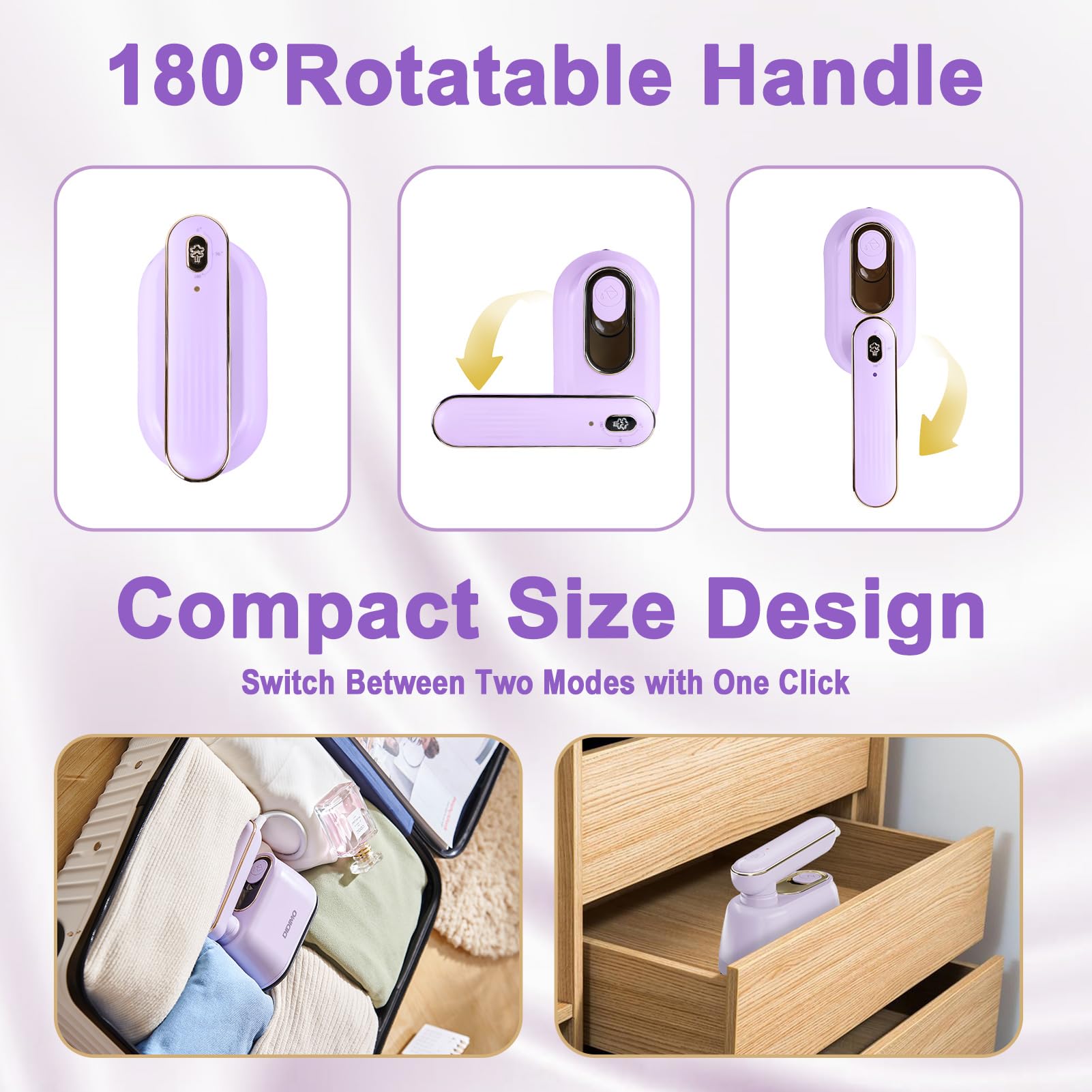 Travel Steamer, Dry & Wet 2 in 1 Portable Steamer for Clothes, 180° Rotatable Mini Steam Iron, Portable Iron for Home, Travel, Dorm, Gifts, School Gift, Home Essential (Purple)
