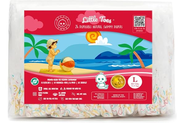 Little Toes Premium Natural Disposable Swim Diapers, Size 5 Large (26+ lbs) (24 Count) | Baby Disposable Swim Diapers | Hypoa