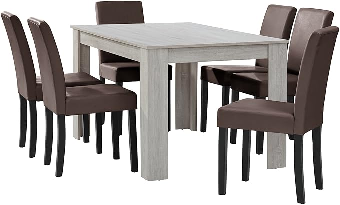 [en.casa] Esstisch Eiche weiß mit 6 Stühlen braun Kunstleder gepolstert