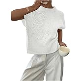 WDIRARA Women's Flower Sweater Crew Neck Short Sleeve Loose Fit Floral Knit Pullover Tops