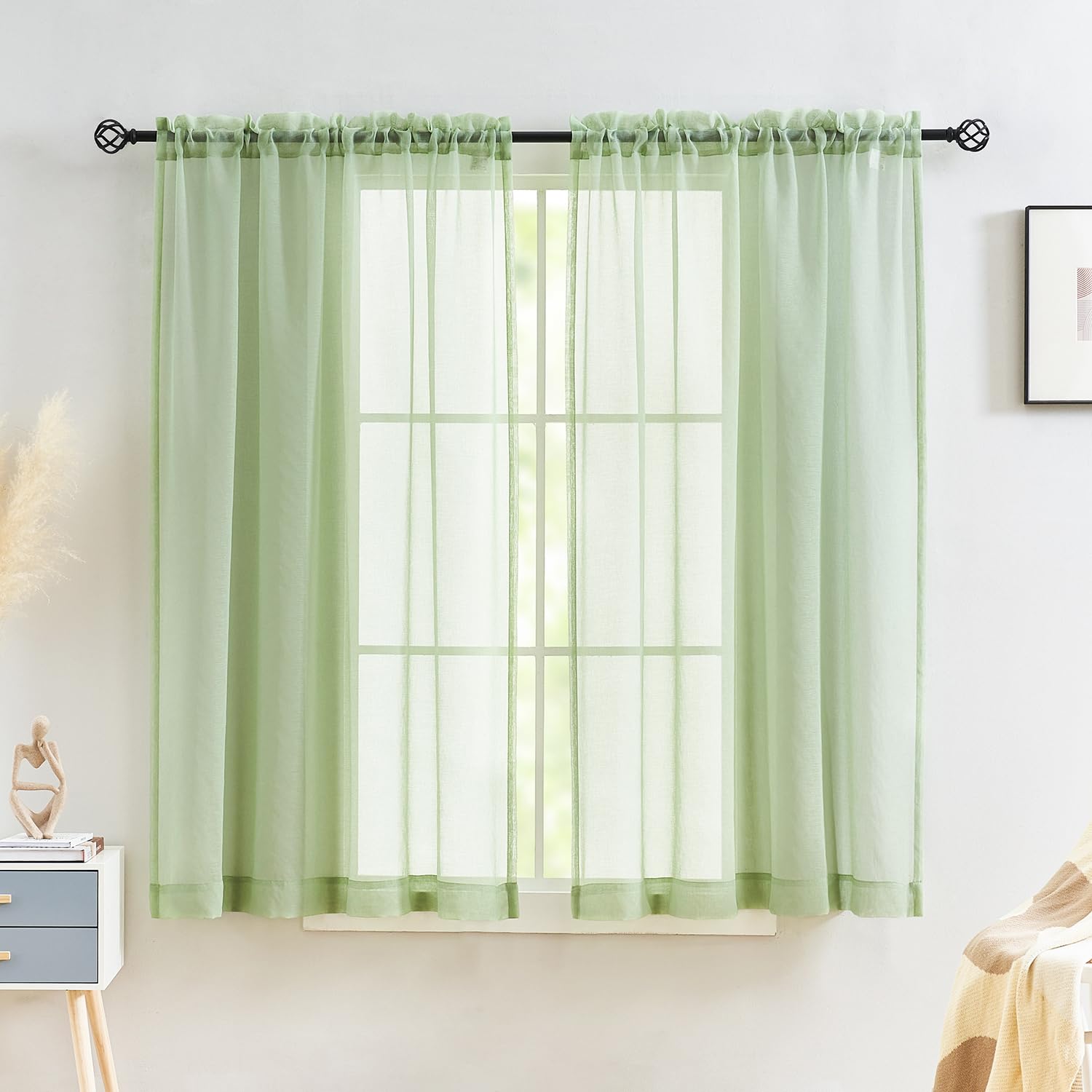 MYSTIC-HOME Sheer Curtains Sage Green 45 Inch Length, Rod Pocket Voile Drapes Treatments Semi Crinkle Curtain Panels for Patio, Villa, Parlor, Set of 2, Sage Green, 52" Wx45 L