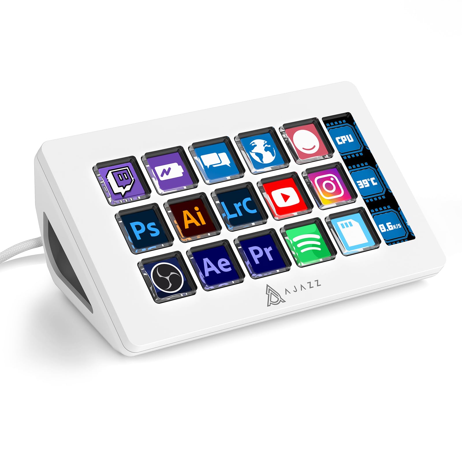 AJAZZ AKP153, Streamer Studio Controller Deck, 15 Macro Keys, Versatile Side Screen, Trigger Actions in Software Like OBS, Twitch, for Content Creators, Streaming, Gaming, Works with Mac/Win/PC, White