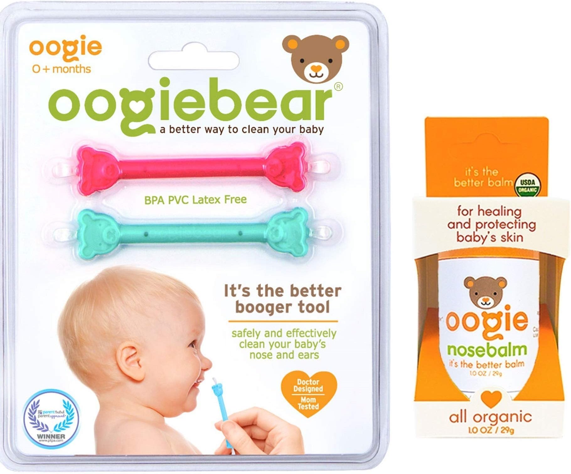 Oogie Bundle - 1oz nosebalm Ointment for Healing Baby’s Nose, Cheeks, Face & Delicate Skin, USDA Certified and oogiebear Raspberry Seafoam Two Pack Baby Nasal Booger, Snot and Ear Cleaner Tool