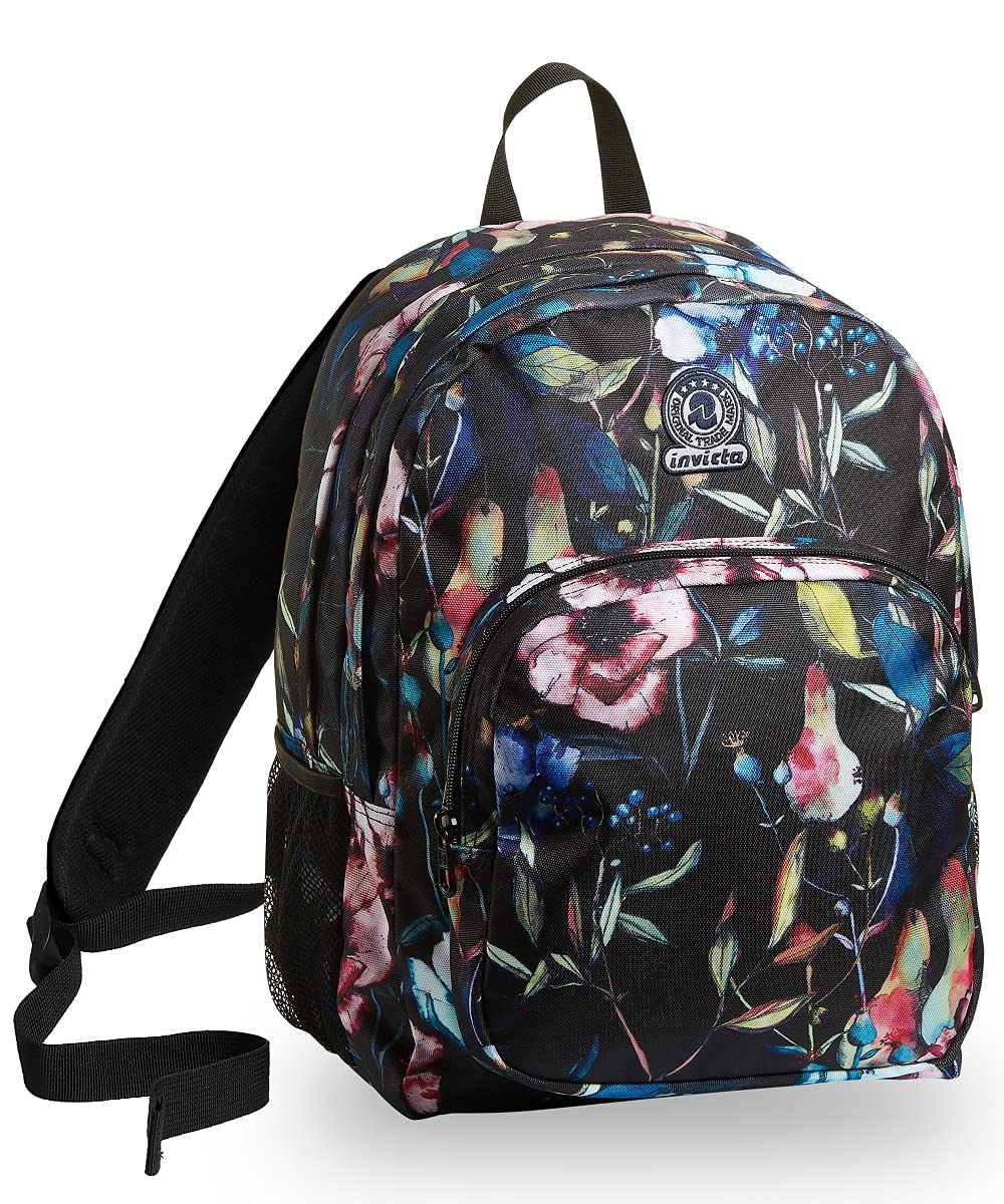 Invicta Backpack, STRONG WILDFLOWERS Eco-friendly Knapsack Book Bag, One Size for Teen, Girls&Boys, Large Capacity, For School, Sport & Free Time, with Side Pockets, Italian Design, black/green