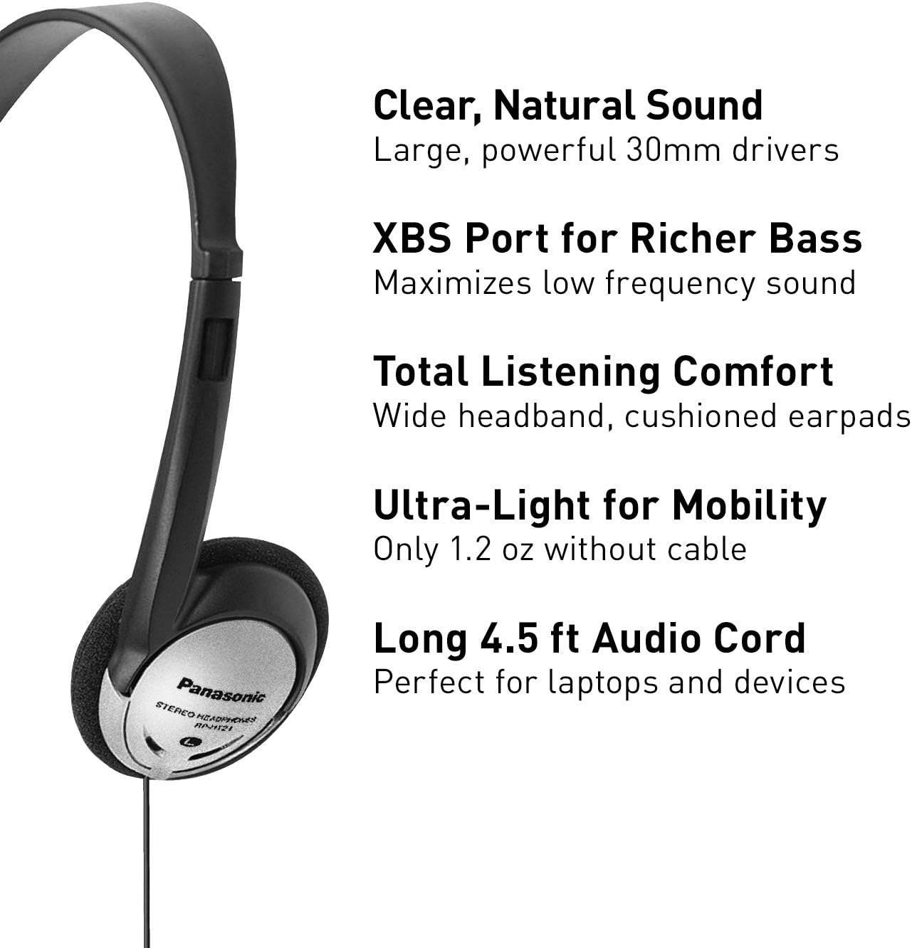 Panasonic Headphones On-Ear Lightweight with XBS RP-HT21 (Black & Silver): Panasonic: Home Audio & Theater