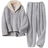Fenclushy Women's Fluffy Loungewear Sleepwear Lounge Casual Pajamas Sets Loose Long Sleeve Fleece Pullover and Pants Set