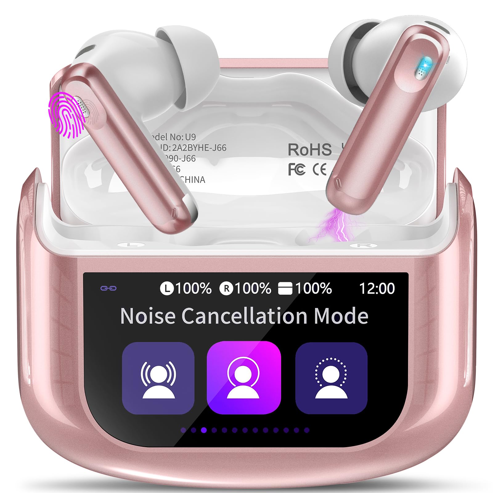 Photo 1 of Wireless Earbuds, Bluetooth 5.4 Ear Buds with Multifunctional Touch Screen, 48H Bass Stereo Headphones with ANC/ENC Noise Cancelling/Transparency Mode, IPX7 Earphones with 5 EQ Modes, Rose