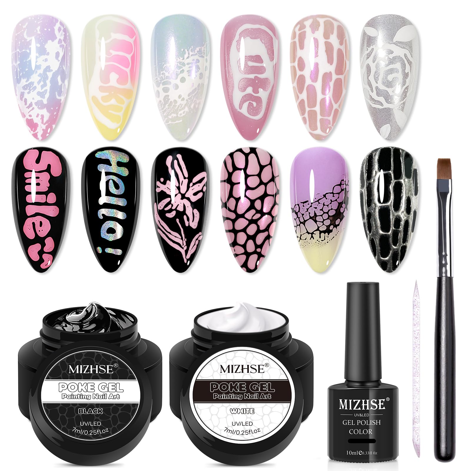 Photo 1 of MIZHSE White and Black Poke Gel Nail Polish, with Professional Poke Foundation Gel and Brush Tool, Multifunctional Drawing Painting Nails Art Design Lace Letters Wave Flower Manicure DIY Home