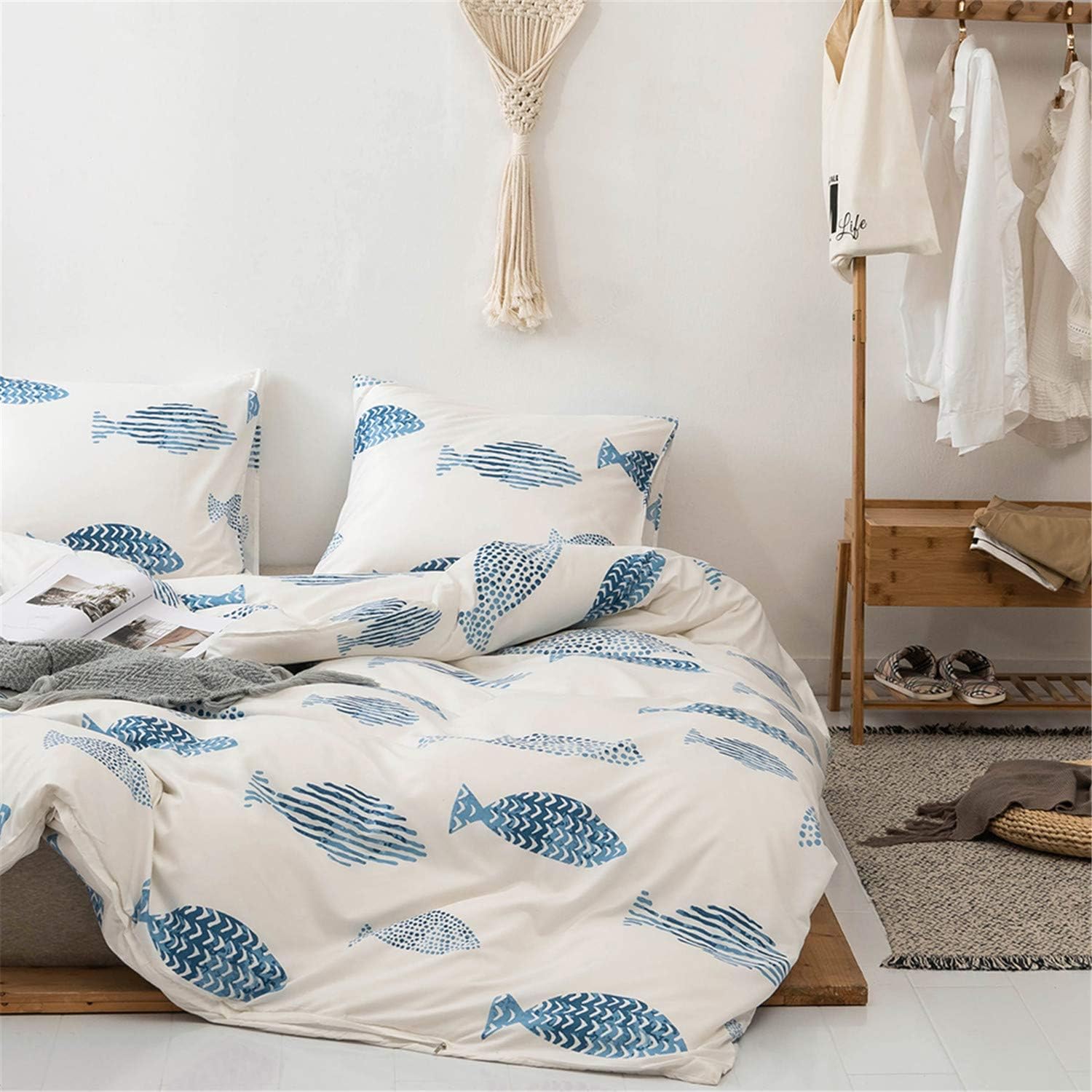 3 Pieces Blue Cartoon Duvet Cover Set King, Abstract Fish Pattern Print on White Ocean Theme , Bedding Set 1 Reversible Duvet Cover